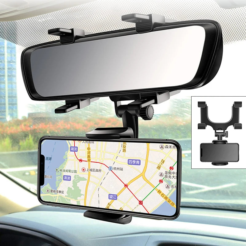 360° Adjustable Car Mirror Mount for Smartphones and GPS - Compatible with iPhone 13 and Other Mobile Devices