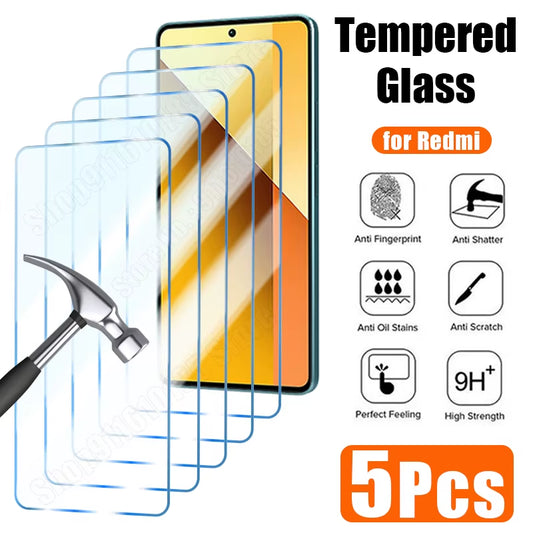 5-Piece Tempered Glass Screen Protector for Redmi Note Series and Redmi 12C, 10C, 14C, 9T, 13 Models